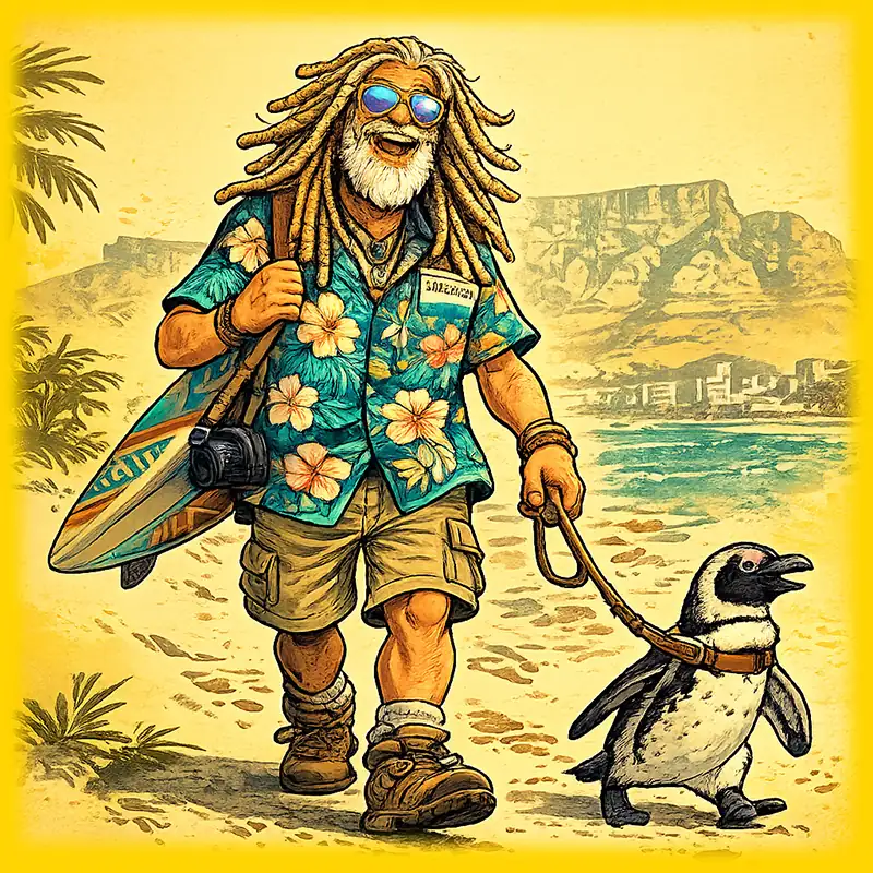 Humorous cartoon of a travel guru walking through Cape Town with a penguin on a leash, and Table Mountain in the background