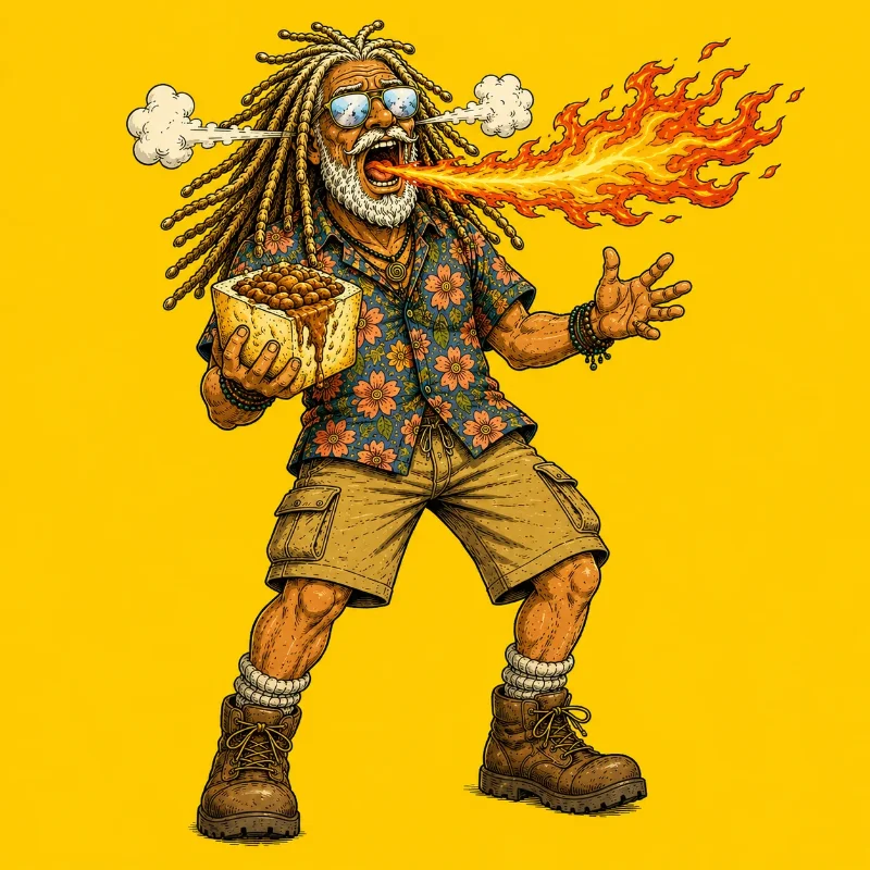 Humorous cartoon of a travel guru in Durban, eating a bunnychow. The curry is so hot that there are flames coming out of his mouth.