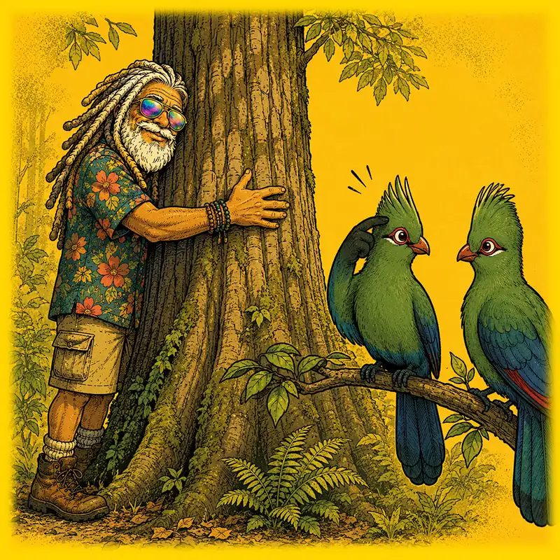 Humorous cartoon of a travel guru on the Garden Route. He is hugging an Outeniqua Yellowwood tree, while 2 Knysna turaco birds are looking at him like he's crazy