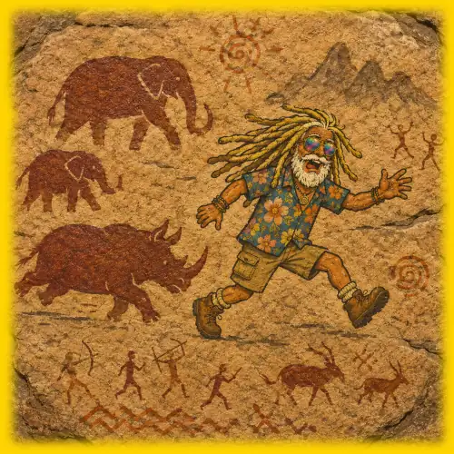 Humorous cartoon of a travel guru in South Africa, drawn in a Khoisan rock art style. The guru is running away and being pursued by a rhino and elephants