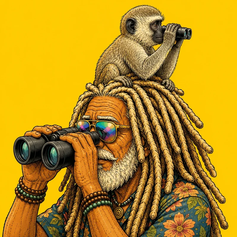 Humorous cartoon of a travel guru looking one way with field glasses, while a monkey sitting on his head is looking in the other direction.