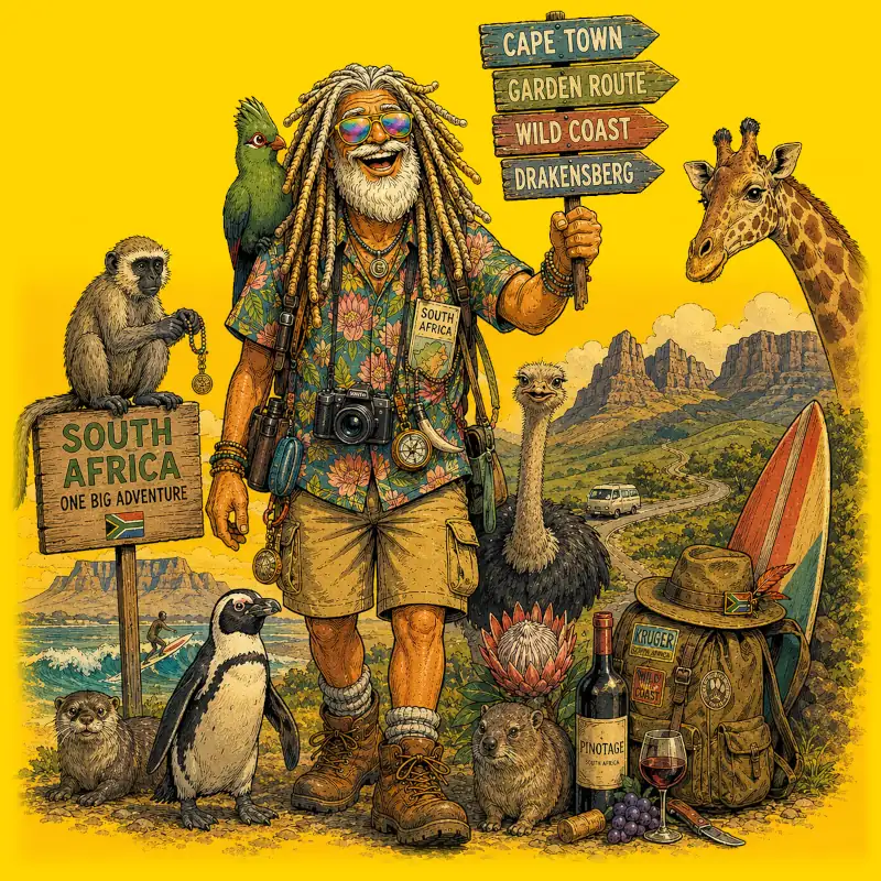 Humorous cartoon of a travel guru in South Africa, surrounded by South African tourist attractions.