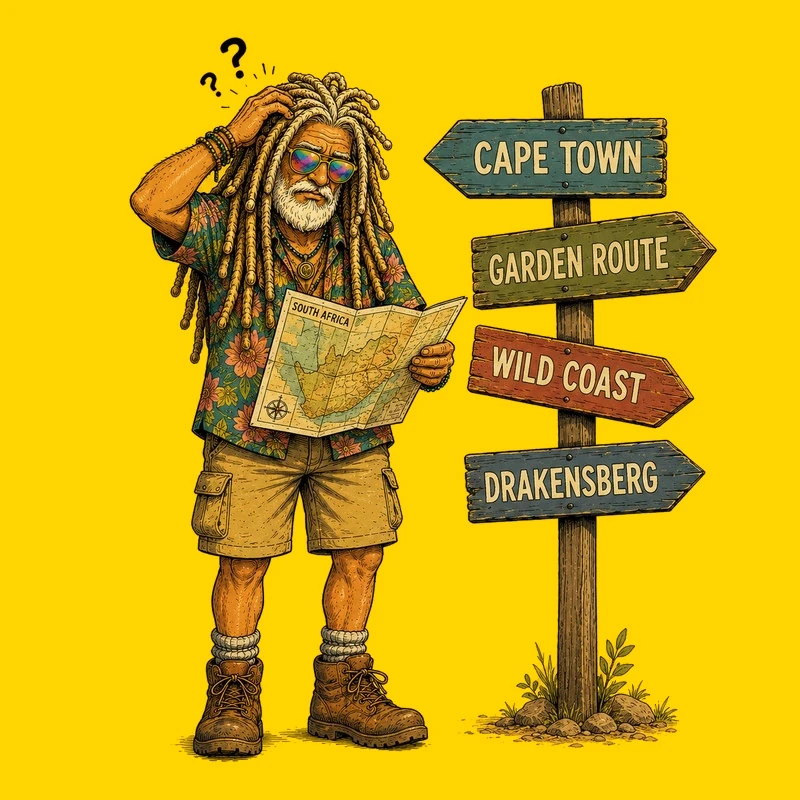 Humorous cartoon of a travel guru in South Africa, studying a map while standing under a signpost pointing to Cape Town, the Garden Route, the Wild Coast and the Drakensberg