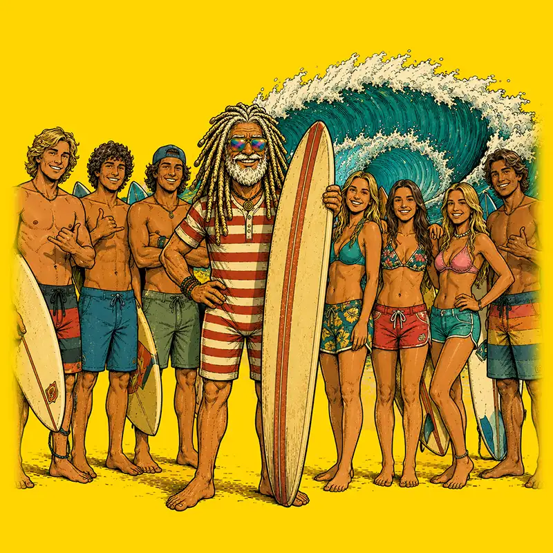 Humorous cartoon of a travel guru in Jeffreys Bay with a group of surfers, with supertubes wave in the background