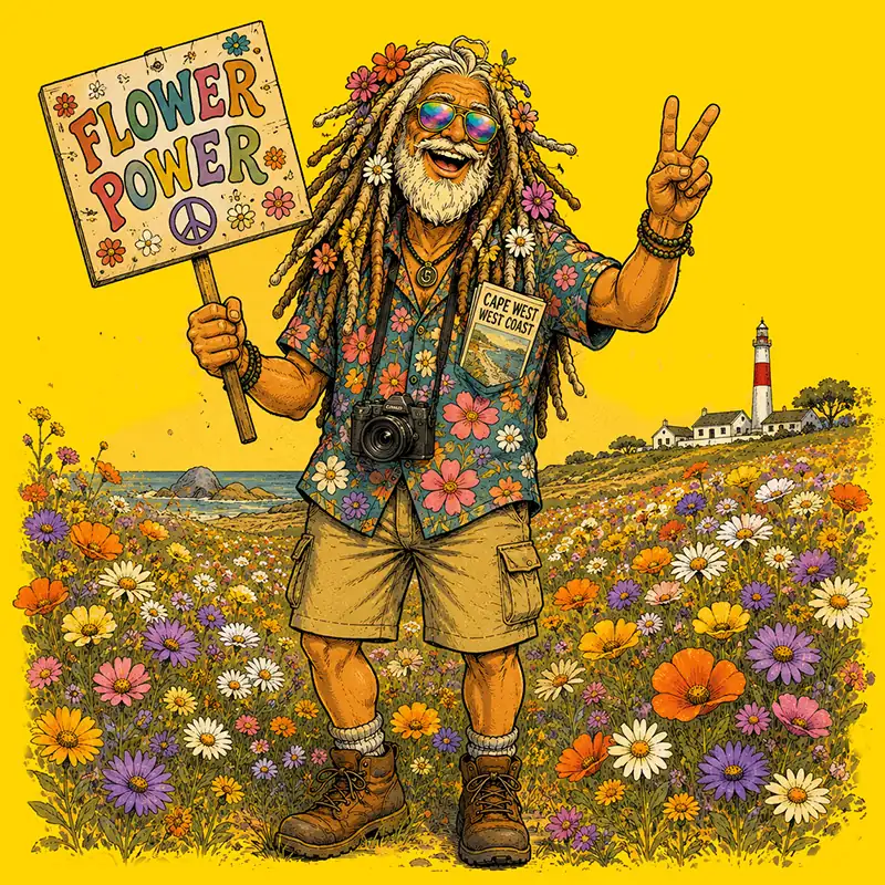 Humorous cartoon of a travel guru in a field of Namaqualand flowers, holding a Flower Power signboard and giving a peace sign