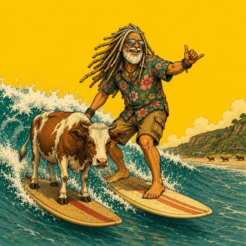 Humorous cartoon of a travel guru surfing alongside a cow on the Wild Coast.