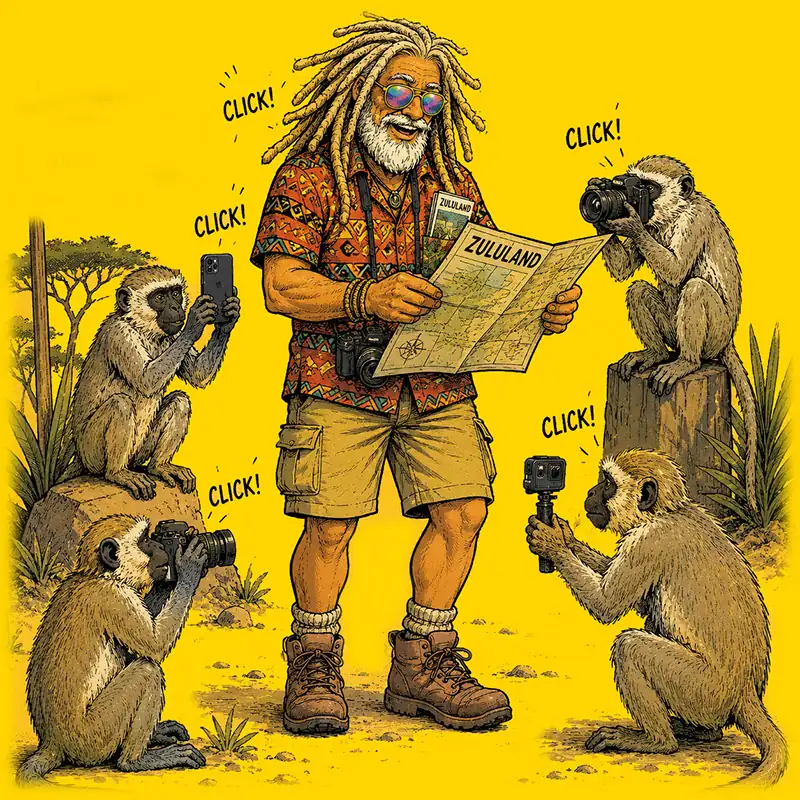 Humorous cartoon of a travel guru in Zululand, studying a map while vervet monkeys take photos of him