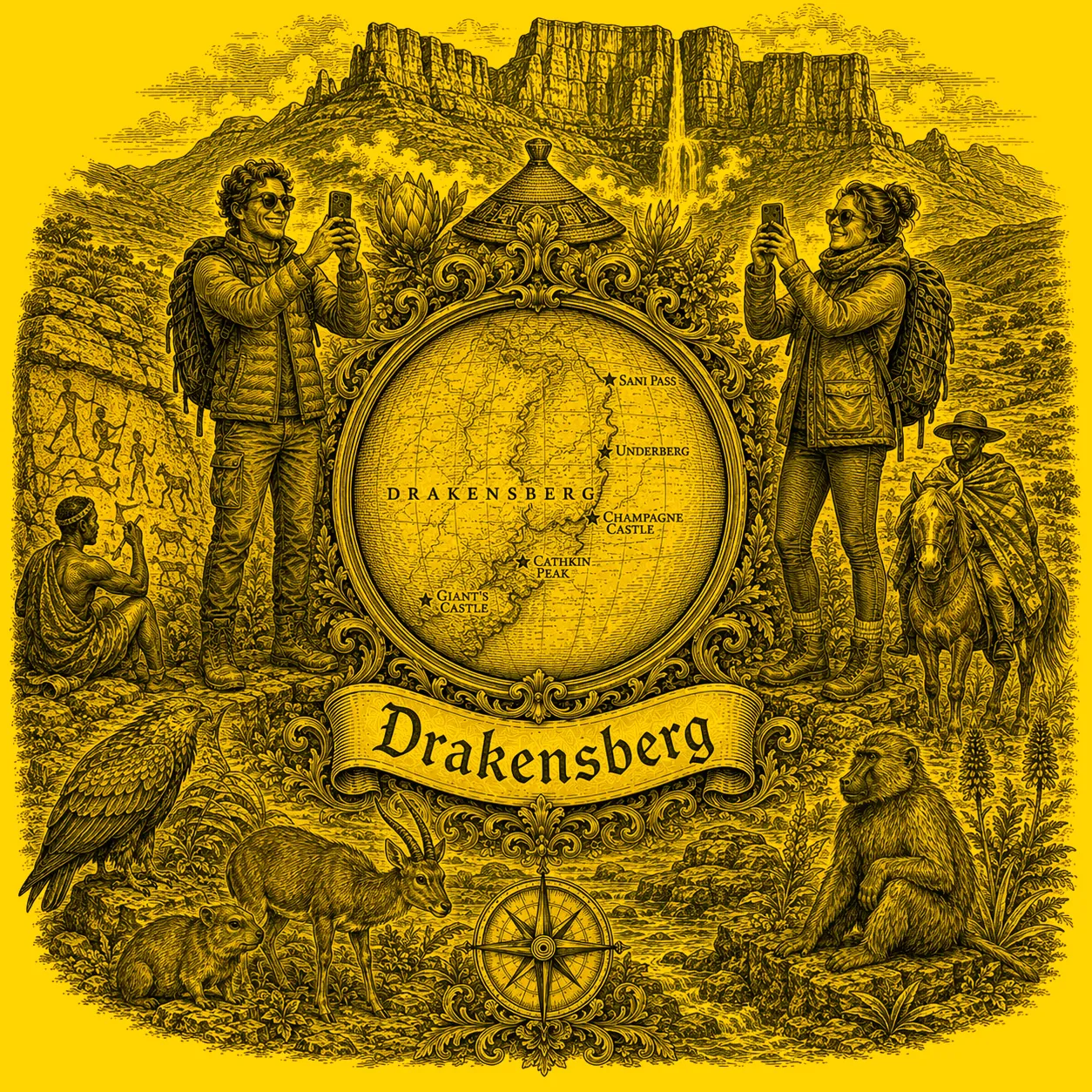 Backpacking Garden Route heraldic cartouche featuring a male and female backpacker framing a globe map of the Garden Route, surrounded by local attractions.
