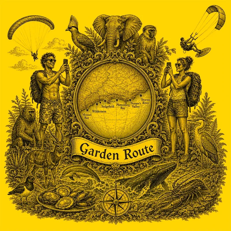 Backpacking Garden Route heraldic cartouche featuring a male and female backpacker framing a globe map of the Garden Route, surrounded by local attractions.
