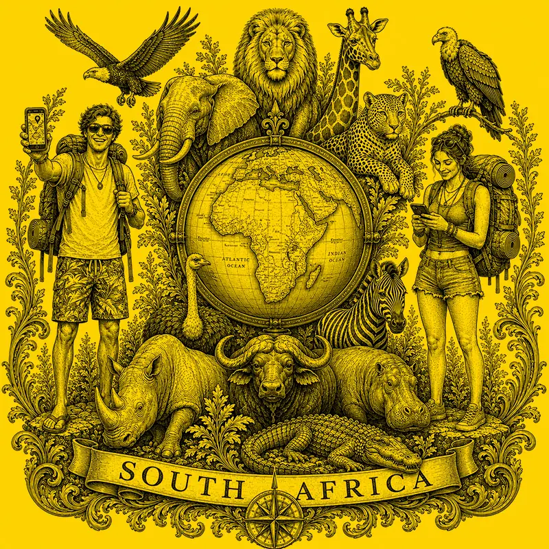 Backpacking South Africa heraldic cartouche featuring a male and female backpacker framing a globe map of Africa, surrounded by local wildlife including a lion, elephant, leopard, and crocodile.
