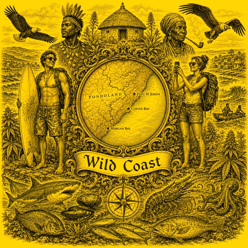 Backpacking Wild Coast heraldic cartouche featuring a male and female backpacker framing a globe map of the Wild Coast, surrounded by local cultural and wildlife images including a sangoma, a Xhosa woman, an African Fish Eagle, a Cape Vulture, and seafood typical of the area.