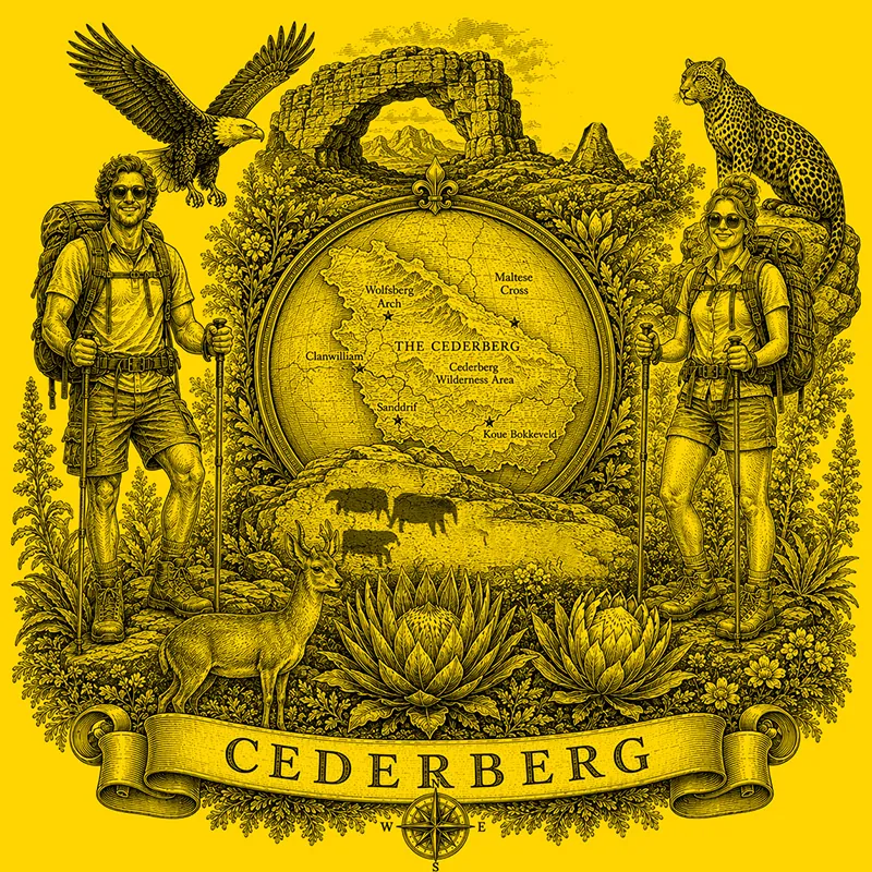 Backpacking the Cederberg heraldic cartouche featuring a male and female backpacker framing a globe map of the Cederberg, surrounded by local attractions.