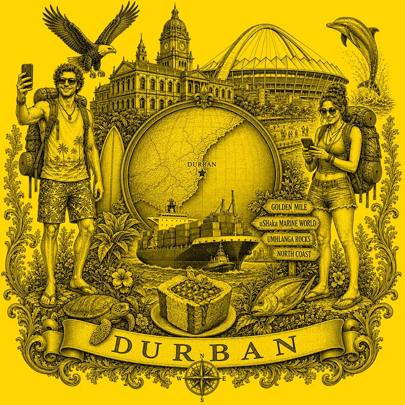 Backpacking Durban heraldic cartouche featuring a male and female backpacker framing a globe map of Durban, surrounded by local attractions.