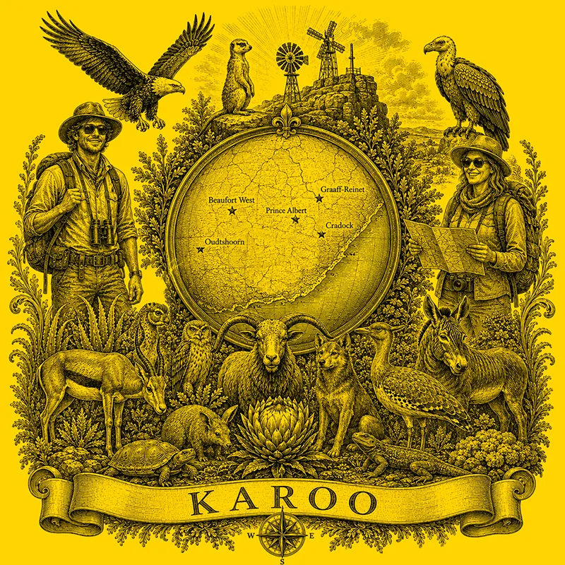 Backpacking the Karoo heraldic cartouche featuring a male and female backpacker framing a globe map of the Karoo, surrounded by local attractions.