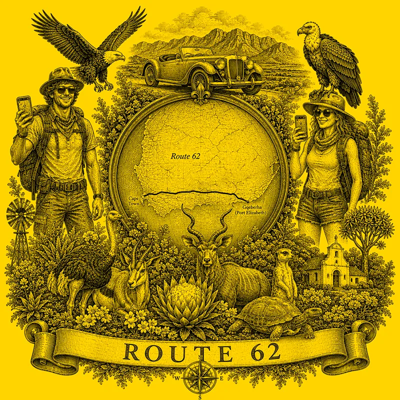 Backpacking Route 62 heraldic cartouche featuring a male and female backpacker framing a globe map of Route 62, surrounded by local attractions.