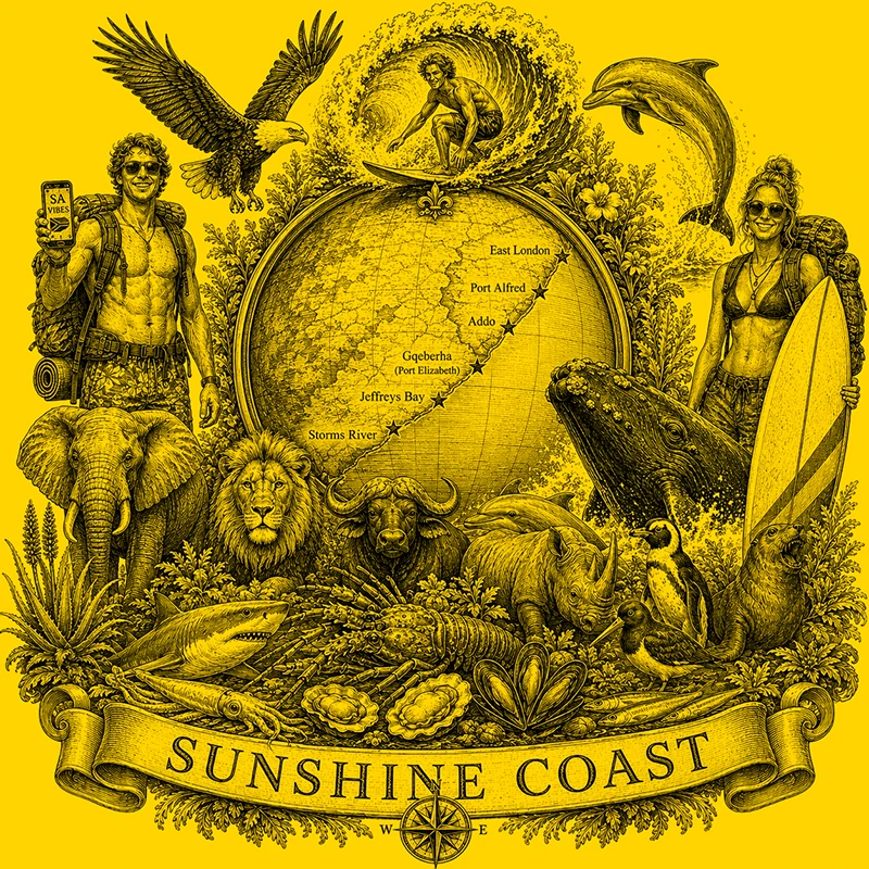Backpacking the Sunshine Coast heraldic cartouche featuring a male and female backpacker framing a globe map of the Sunshine Coast, surrounded by local attractions.