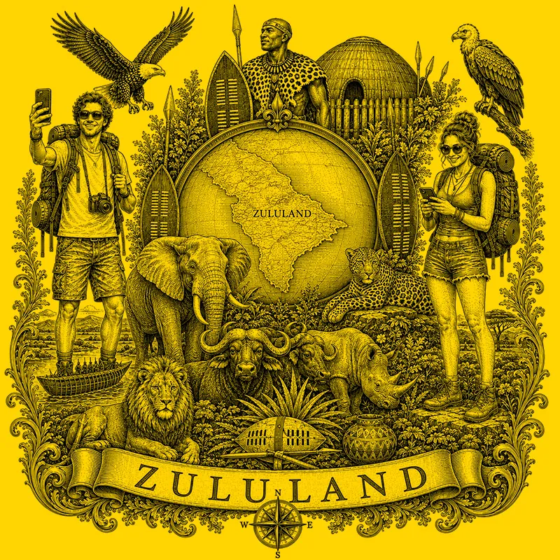 Backpacking Zululand heraldic cartouche featuring a male and female backpacker framing a globe map of Zululand, surrounded by local attractions.