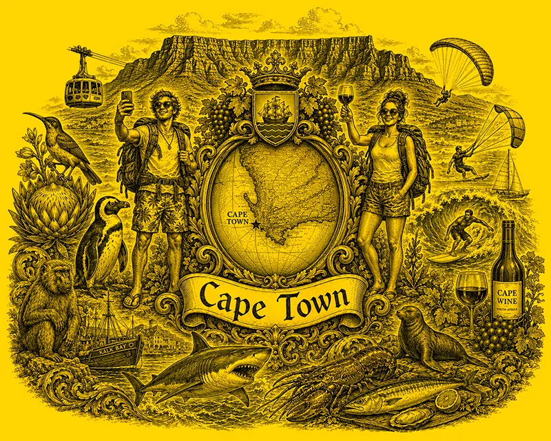 Backpacking Drakensberg heraldic cartouche featuring a male and female backpacker framing a globe map of the Drakensberg, surrounded by local attractions.