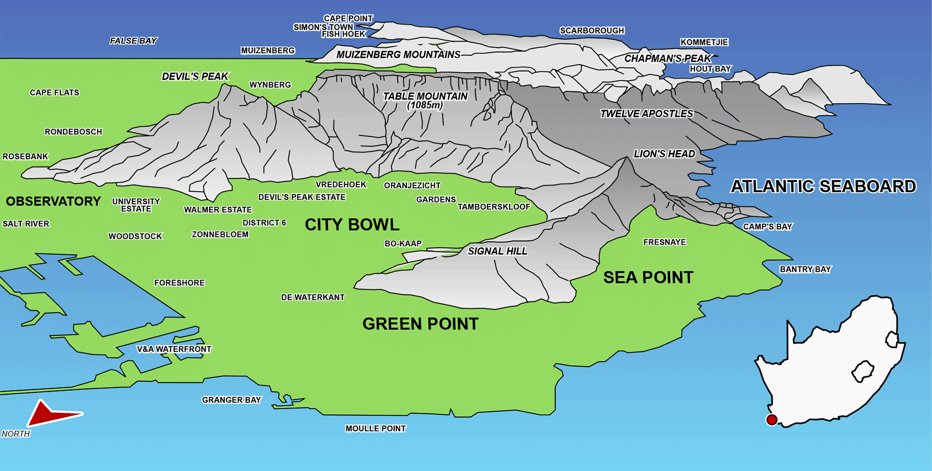 3-D map of Cape Town, showing the different suburbs relative to Table Mountain