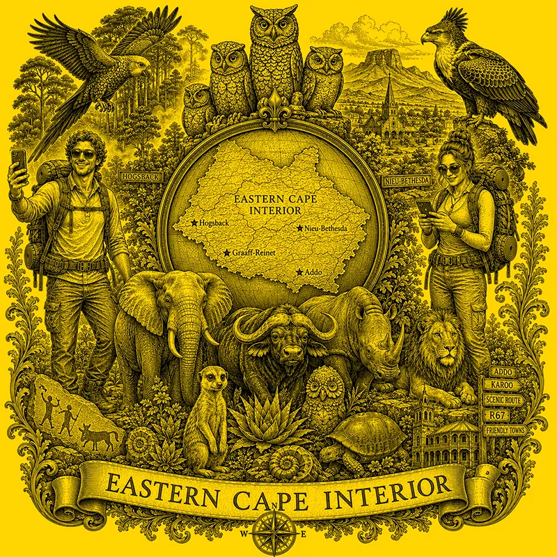 Backpacking the Eastern Cape Interior heraldic cartouche featuring a male and female backpacker framing a globe map of the Eastern Cape, surrounded by local attractions.