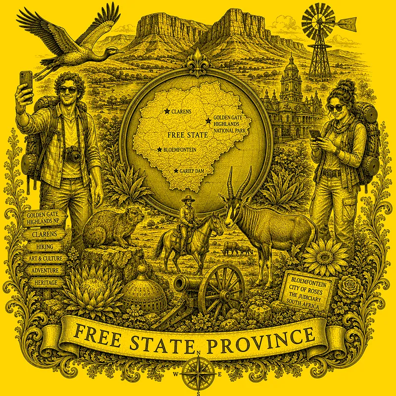 Backpacking Free State Province heraldic cartouche featuring a male and female backpacker framing a globe map of the Free State, surrounded by local attractions.