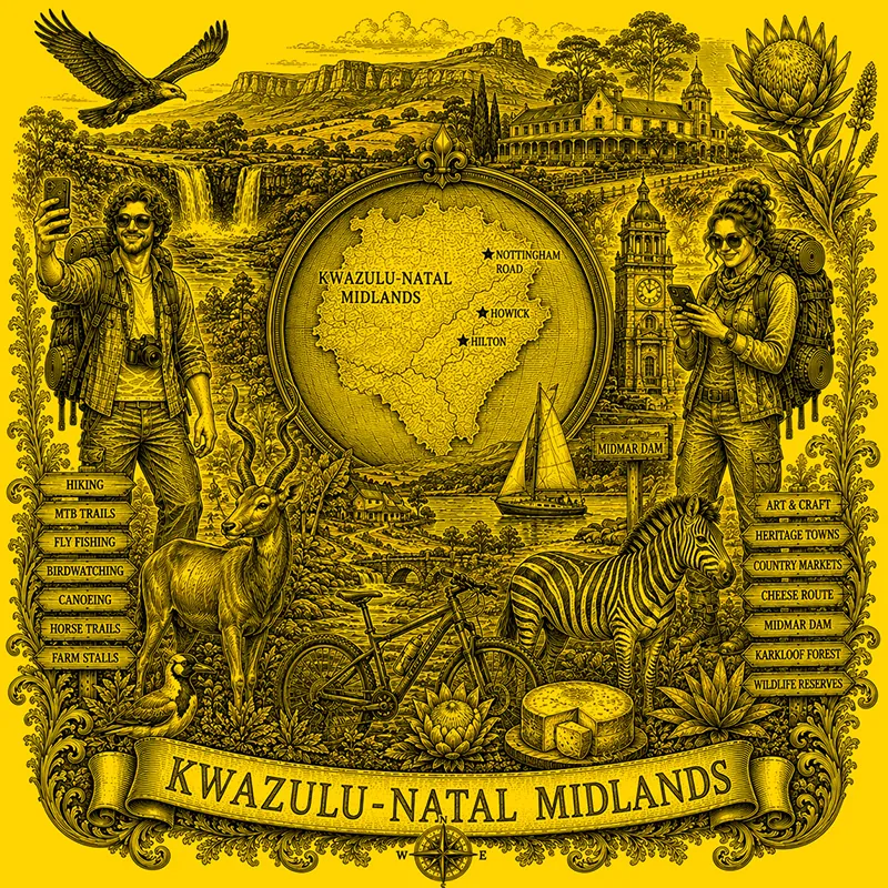 Backpacking the KwaZulu-Natal Midlands heraldic cartouche featuring a male and female backpacker framing a globe map of the Midlands, surrounded by local attractions.