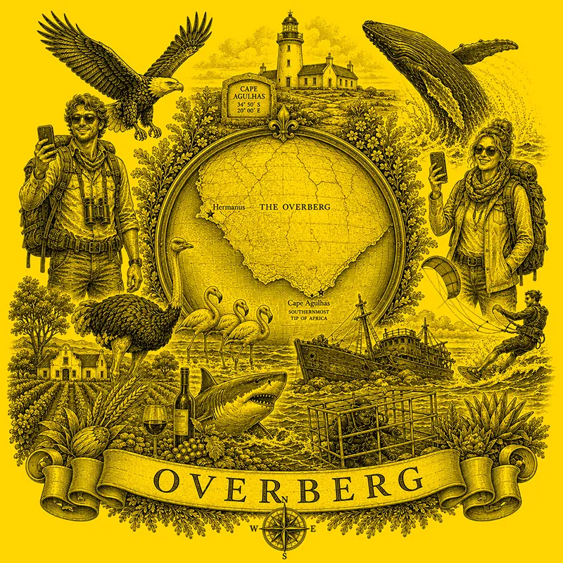 Backpacking the Overberg heraldic cartouche featuring a male and female backpacker framing a globe map of the Overberg, surrounded by local attractions.