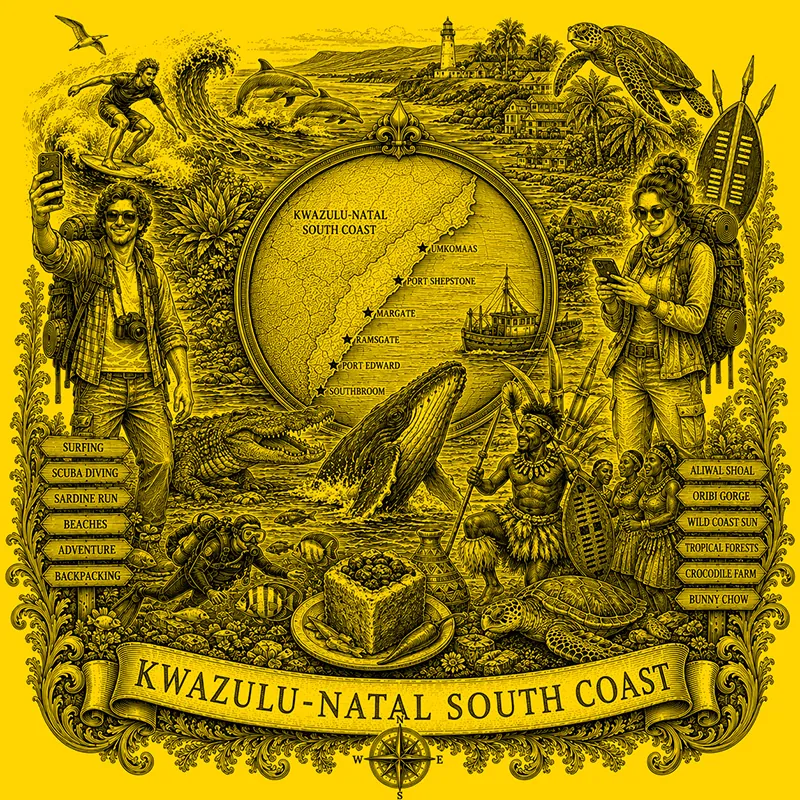 Backpacking the KwaZulu-Natal South Coast heraldic cartouche featuring a male and female backpacker framing a globe map of the South Coast, surrounded by local attractions.