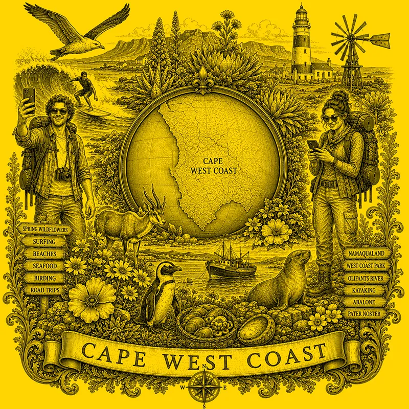 Backpacking thhe Cape West Coast heraldic cartouche featuring a male and female backpacker framing a globe map of the West Coast, surrounded by local attractions.