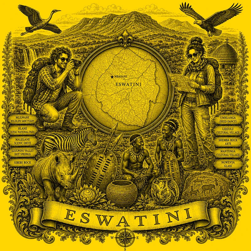 Backpacking Eswatini heraldic cartouche featuring a male and female backpacker framing a globe map of Eswatini, surrounded by local attractions.