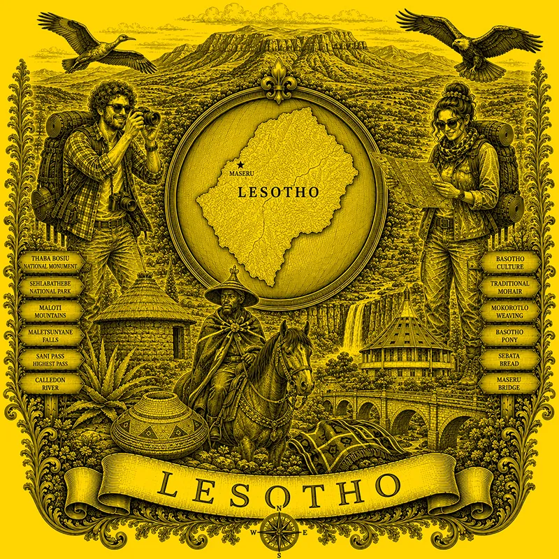 Backpacking Lesotho heraldic cartouche featuring a male and female backpacker framing a globe map of Lesotho, surrounded by local attractions.