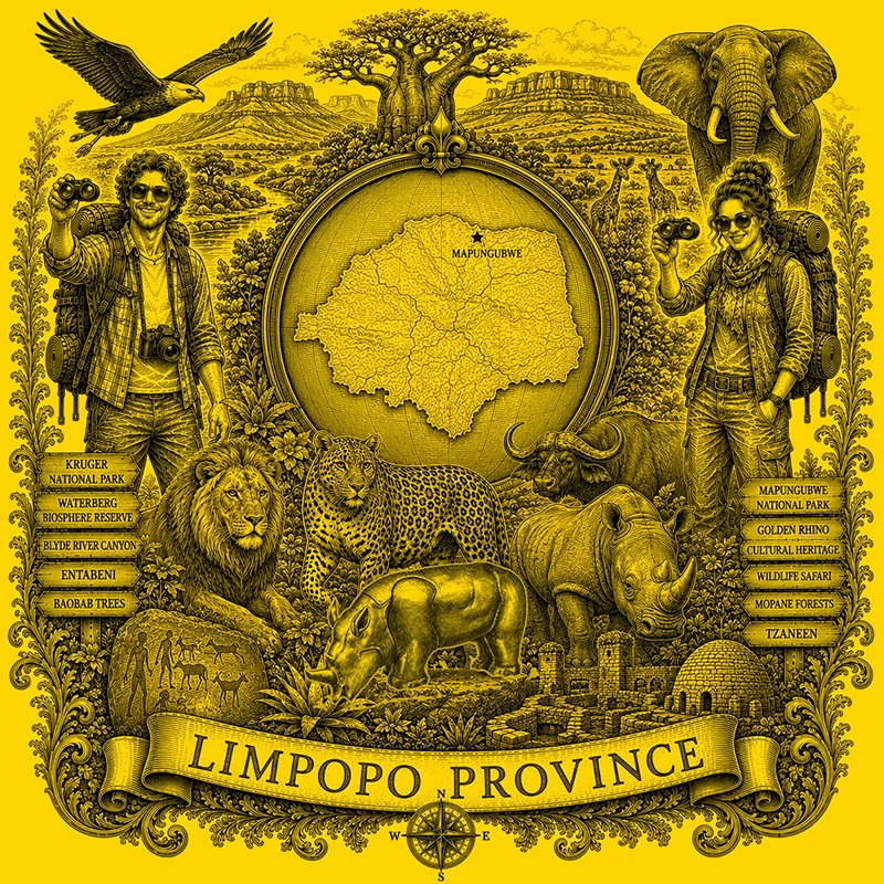Backpacking Limpopo heraldic cartouche featuring a male and female backpacker framing a globe map of Limpopo Province, surrounded by local attractions.