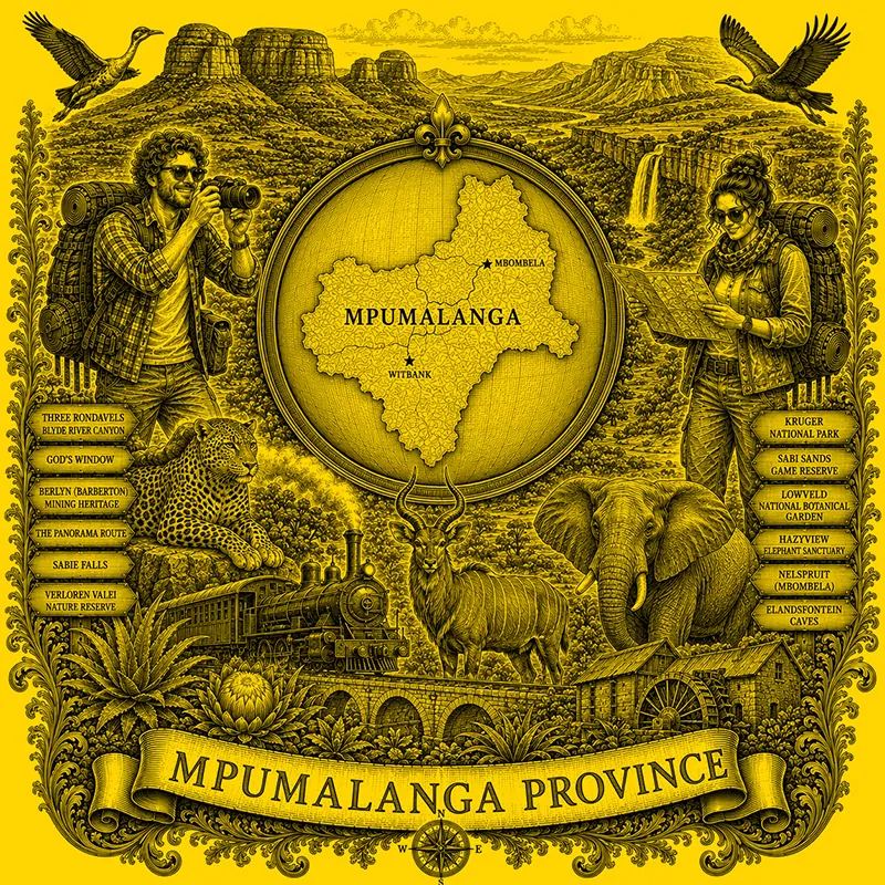 Backpacking Mpumalanga heraldic cartouche featuring a male and female backpacker framing a globe map of Mpumalanga Province, surrounded by local attractions.