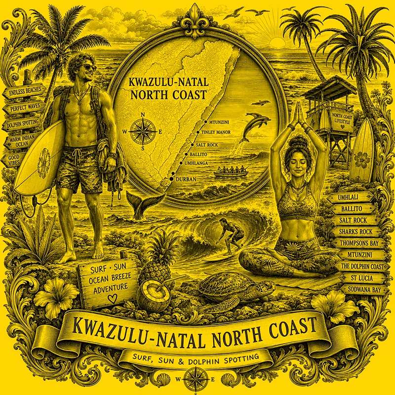 Backpacking the North Coast heraldic cartouche featuring a male and female backpacker framing a globe map of the KwaZulu-Natal North Coast, surrounded by local attractions.