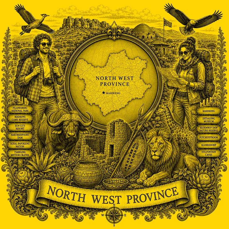 Backpacking North West heraldic cartouche featuring a male and female backpacker framing a globe map of North West Province, surrounded by local attractions.