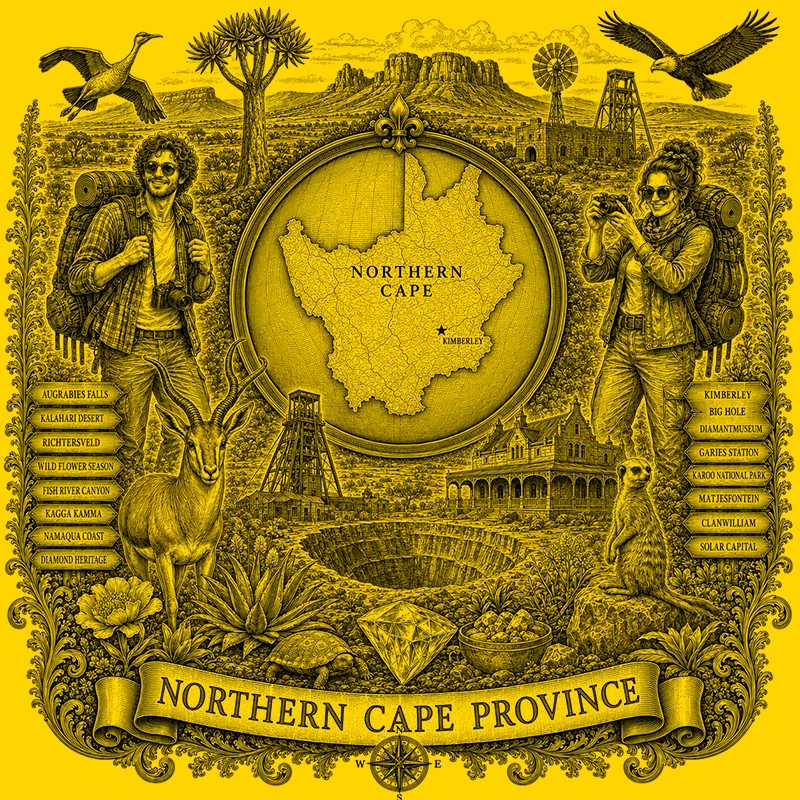 Backpacking Northern Cape heraldic cartouche featuring a male and female backpacker framing a globe map of Northern Cape Province, surrounded by local attractions.