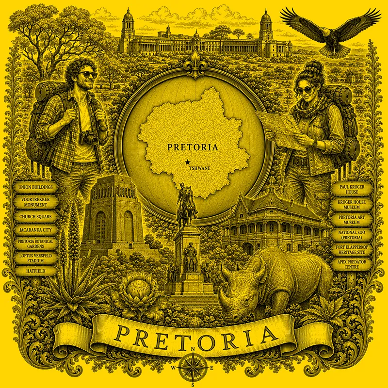 Backpacking Pretoria heraldic cartouche featuring a male and female backpacker framing a globe map of Pretoria, surrounded by local attractions.