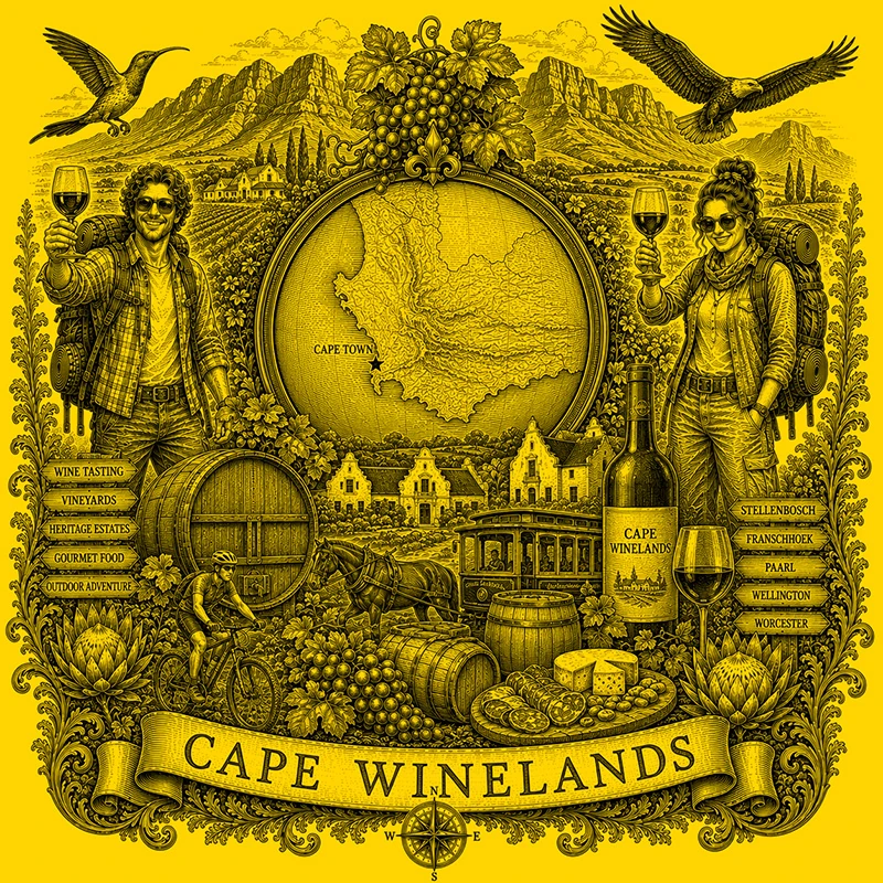Backpacking the Cape Winelands heraldic cartouche featuring a male and female backpacker framing a globe map of the Winelands, surrounded by local attractions.