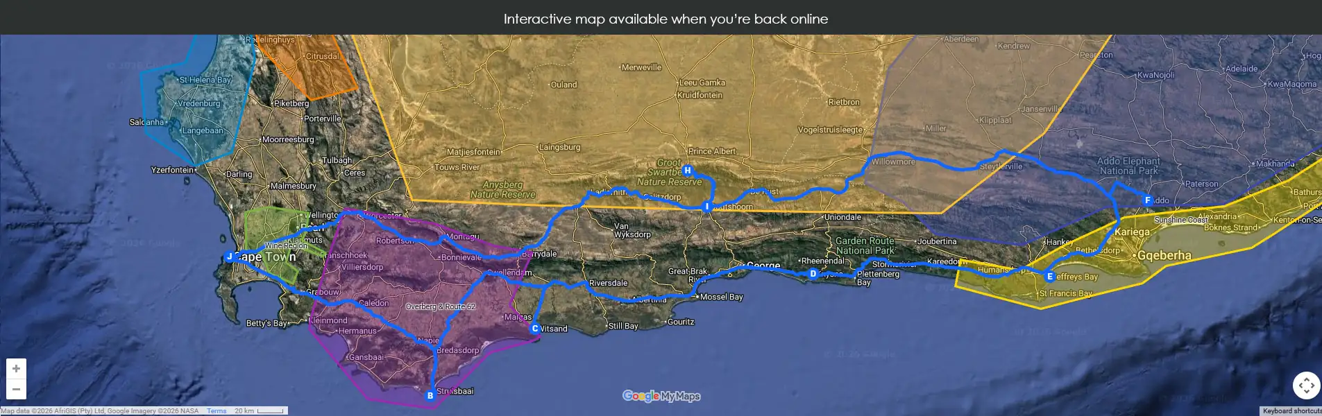 3-week Coast and Karoo self-drive itinerary map