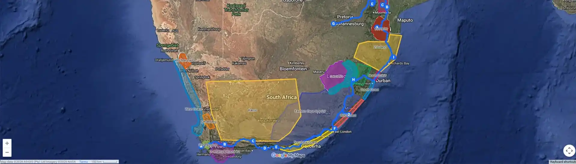 Offline fallback map for the 1-month Rainbow Nation Grand Tour itinerary