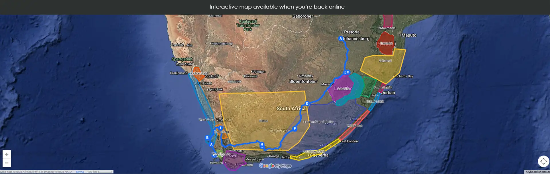 Offline fallback map for the 2-week Road Less Travelled itinerary