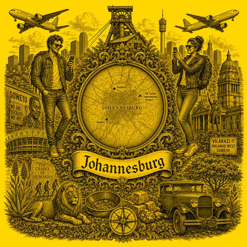 Backpacking Johannesburg heraldic cartouche featuring a male and female backpacker framing a globe map of Johannesburg, surrounded by local attractions.