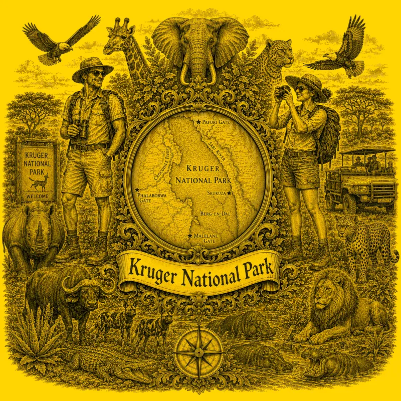 Backpacking Kruger heraldic cartouche featuring a male and female backpacker framing a globe map of the Kruger National Park, surrounded by local attractions.