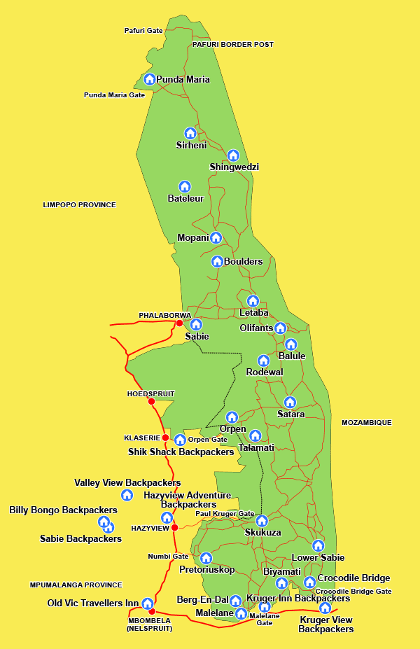 Map of the Kruger National Park, showing the locations of the park's rest camps, and backpacker's hostels in the area.