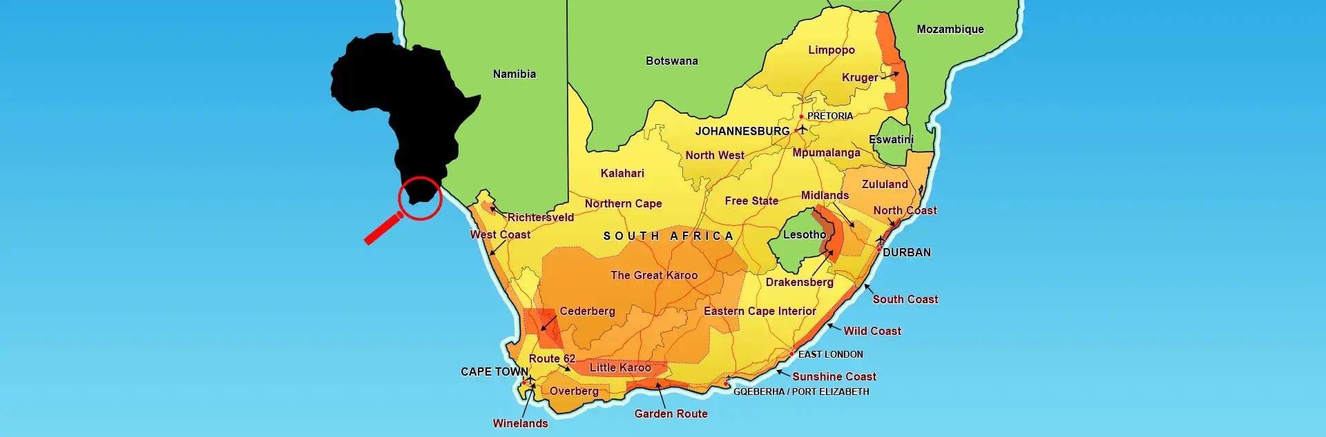 Map: backpacking regions of South Africa